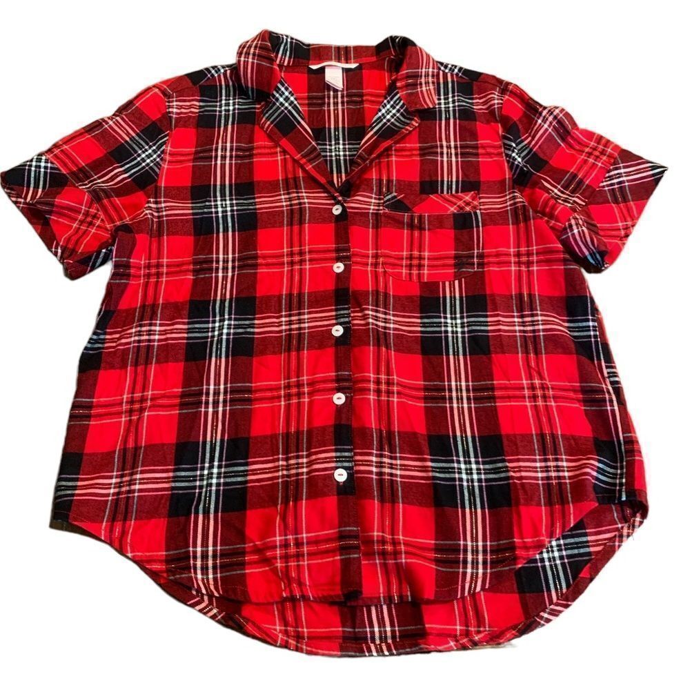 Victoria’s Secret Plaid Flannel Short Sleeve Pajama Top Red Black Small
